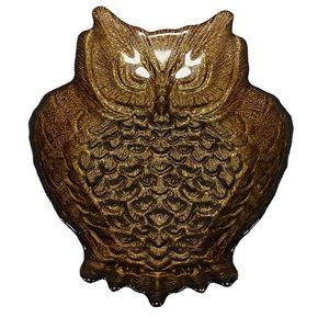Glass Owl Reverse Painted Gold Metallic 8" Candy Dish Trinket Serving Pier 1 One